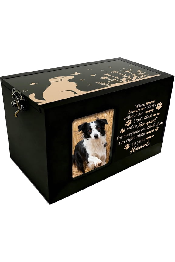 Dog Pet Urn Wooden Pet Memorial Box Dog Flower Butterfly Words Pattern Rectangle Storage Containers Cremation Box with oto Frame