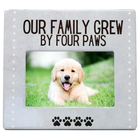 Dog Photo Frame - 4x6 Picture, "Our Family Grew by 4 Paws" - New Puppy or Kitten Gift, Gray Paw Print Design, Home Decor Multi