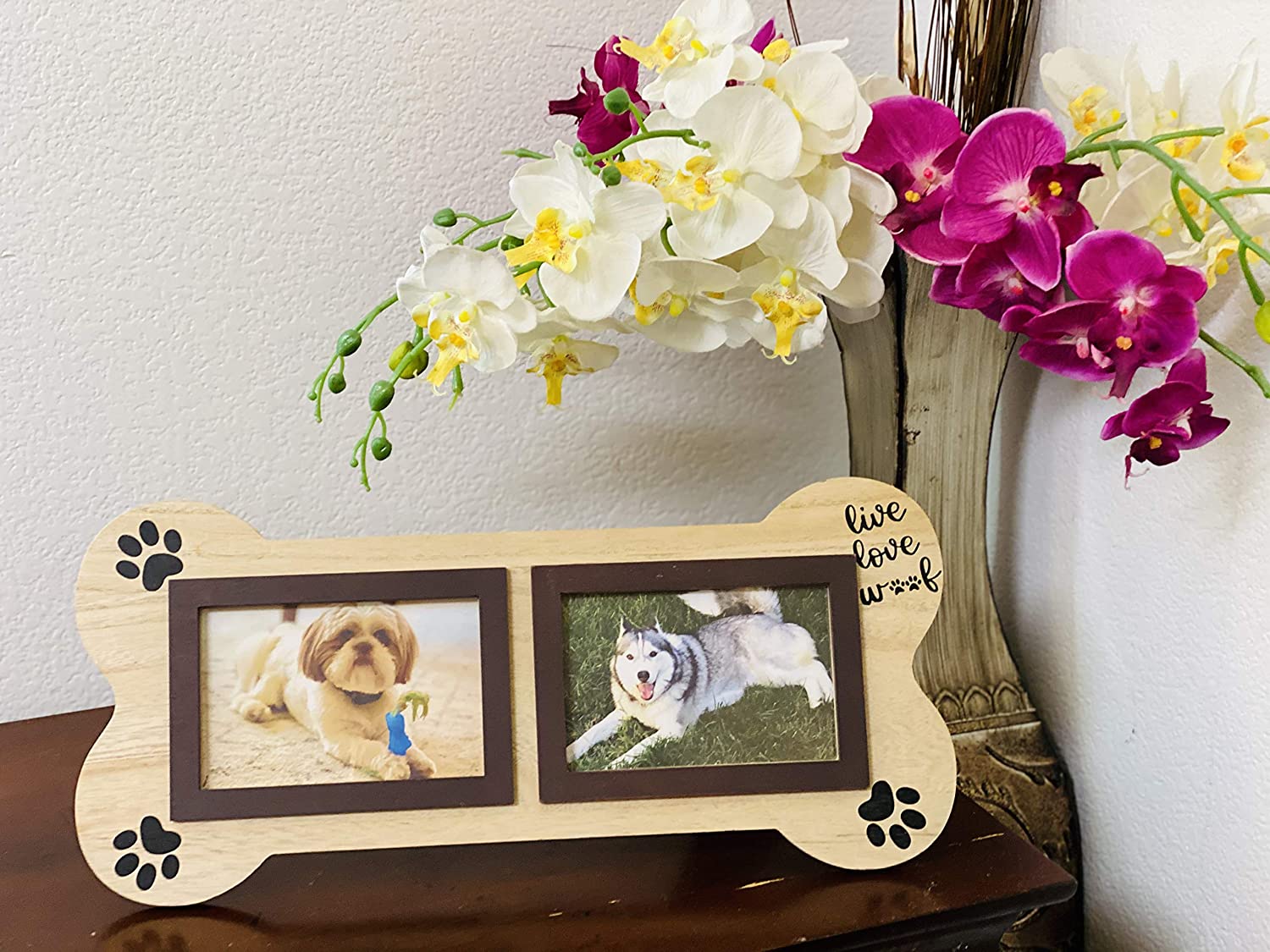Dog Picture Frame Live Love Woof Pet Memorial Gifts for Dogs. Brown Dog Bone Shaped Wooden Picture Frames Collage 4x6. - image 1 of 3