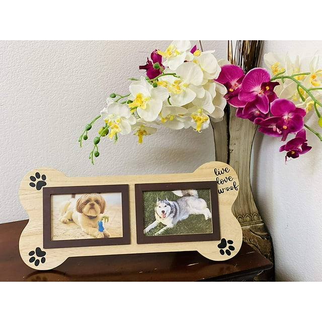 Dog Picture Frame Live Love Woof Pet Memorial Gifts for Dogs. Brown Dog Bone Shaped Wooden Picture Frames Collage 4x6.