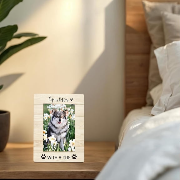 Dog Picture Frames, Dog Lovers Gifts, Paw Pet Dog Themed Wooden Photo Frames, Life is Better With Dogs Picture Frame for Desk Table