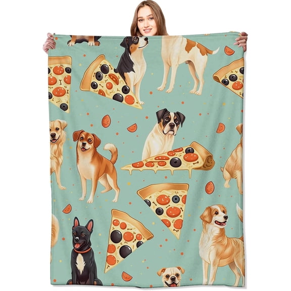 Dog & Pizza Blanket Playful Pups Puppy Blankets,Birthday Gifts for Users Adult & Foodie Pet Lovers,Lightweight Soft Fleece Cozy for Sofa Couch Bed Room Travel Decor 40x50in