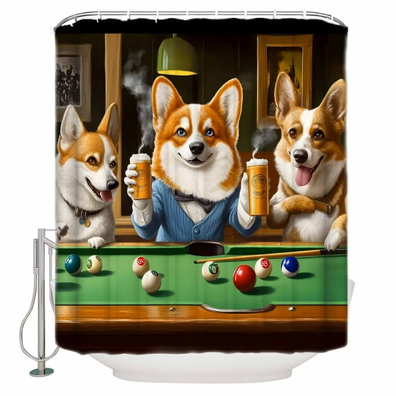 Dog Playing Billiards Shower Curtain, 48" x 72", Funny Animal Dog Waterproof Bathroom Curtain Washable Shower Curtain Set with 12 Hooks
