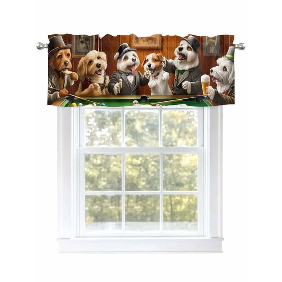 Dog Playing Billiards Valances for Windows Funny Animal Abstract Dog Kitchen Valance Curtain Rod Pocket Small Curtains for Cafe Bathroom Laundry Basement 42" x 12"