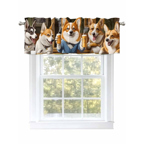 Dog Playing Billiards Valances for Windows Funny Animal Dog Kitchen Valance Curtain Rod Pocket Small Curtains for Cafe Bathroom Laundry Basement 42" x 12"