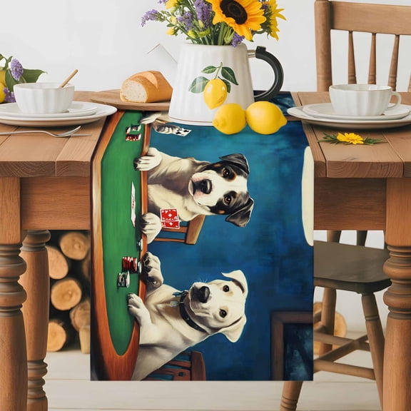 Dog Playing Poker Table Runner 36 Inches Long, Abstract Animal in The Room Table Runners Tabletop Scarf Kitchen Dining Tables Decoration for Home Party Indoor Outdoor