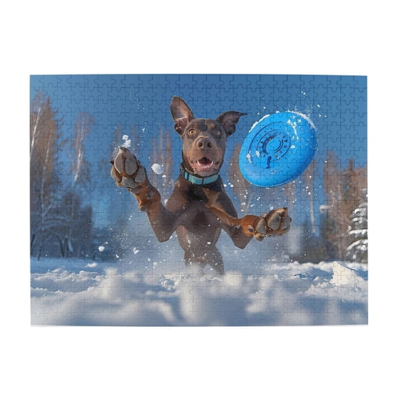 Dog Playing Snow Catching Disc 500-Piece Wooden Jigsaw Puzzle for Adults, Fun & Challenging Family Brain-Teaser, Perfect Home Decor & Gift