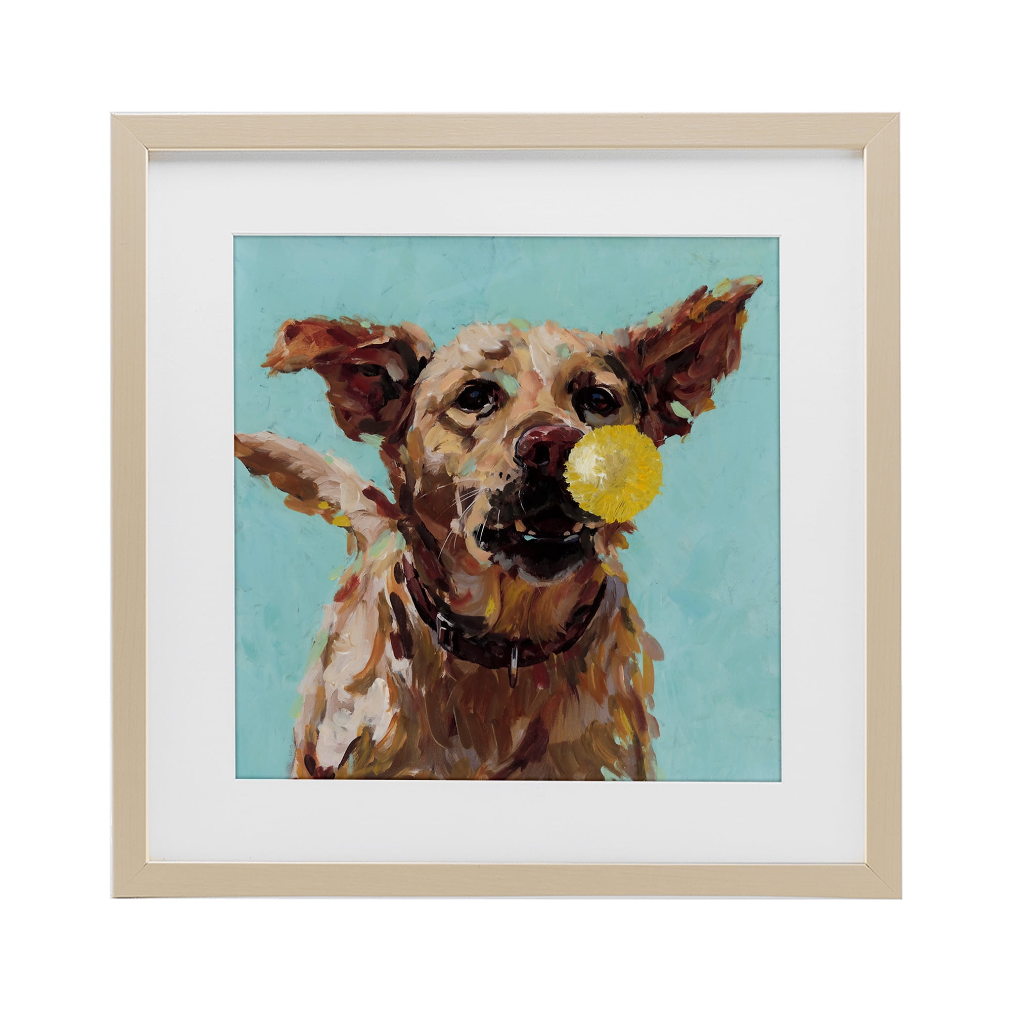 Dog Playing with Ball Birch Framed Print Under Glass, design by Studio Bautista