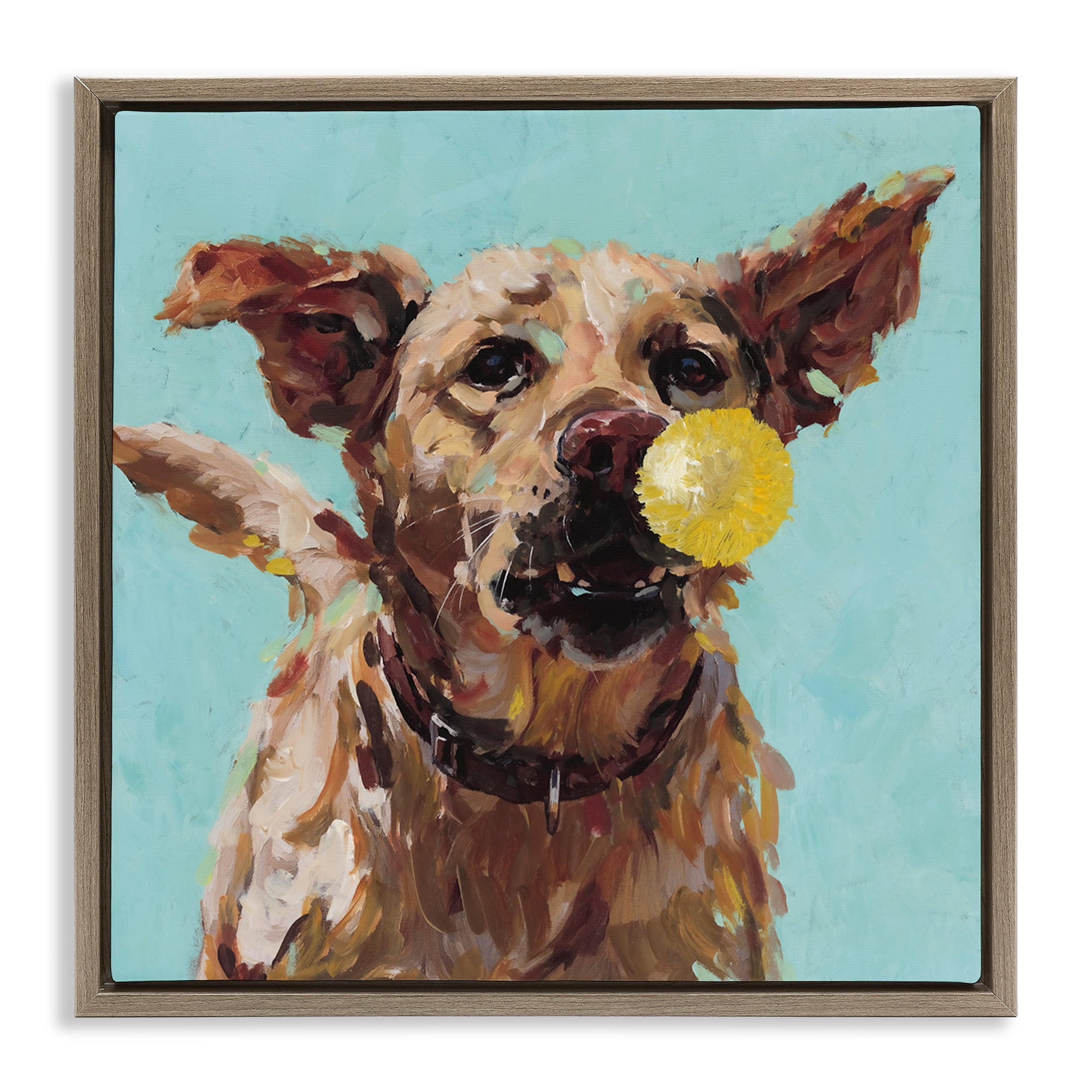 Dog Playing with Ball Brown Framed Floater Canvas Wall Art, design by Studio Bautista