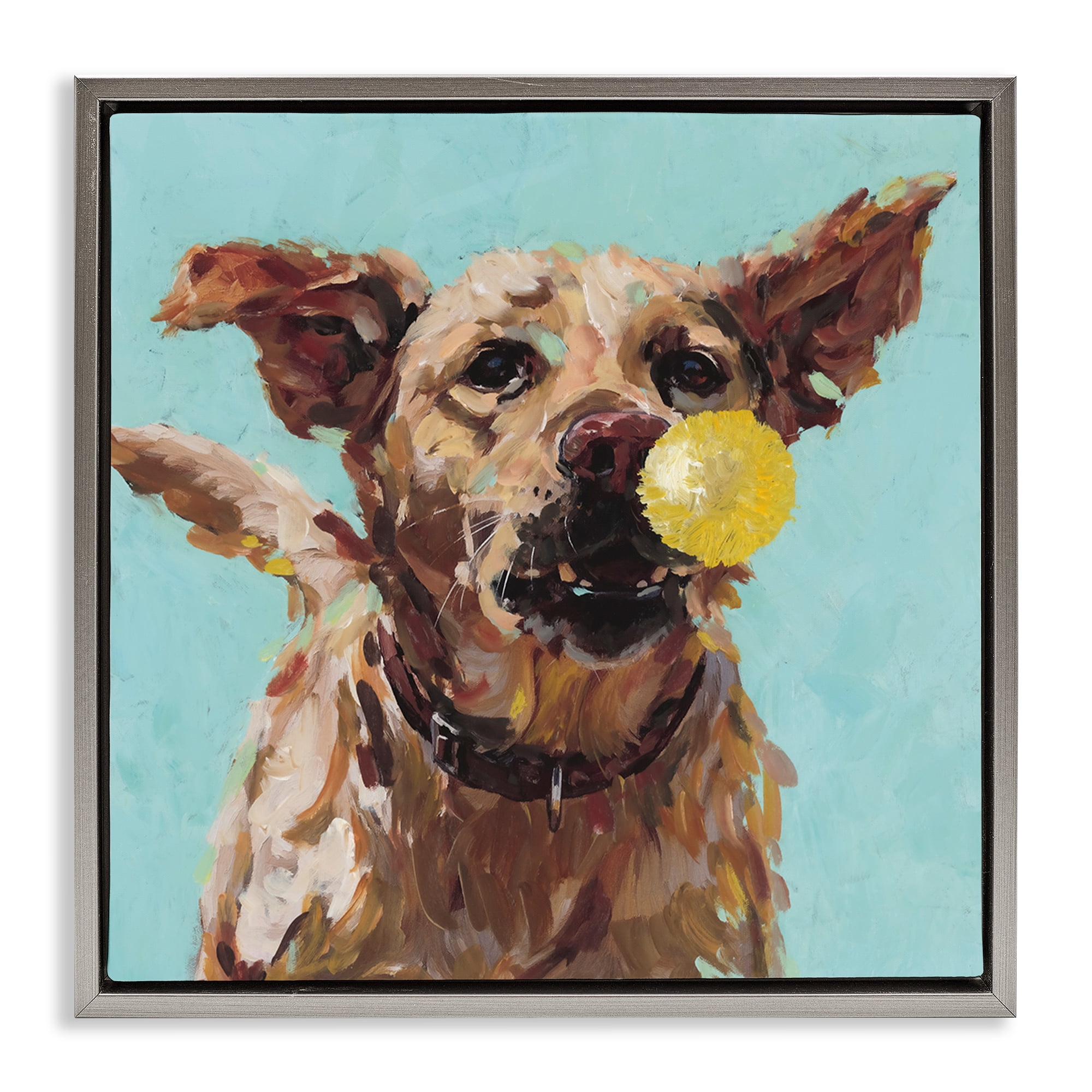 Dog Playing with Ball Gray Framed Floater Canvas Wall Art, design by Studio Bautista