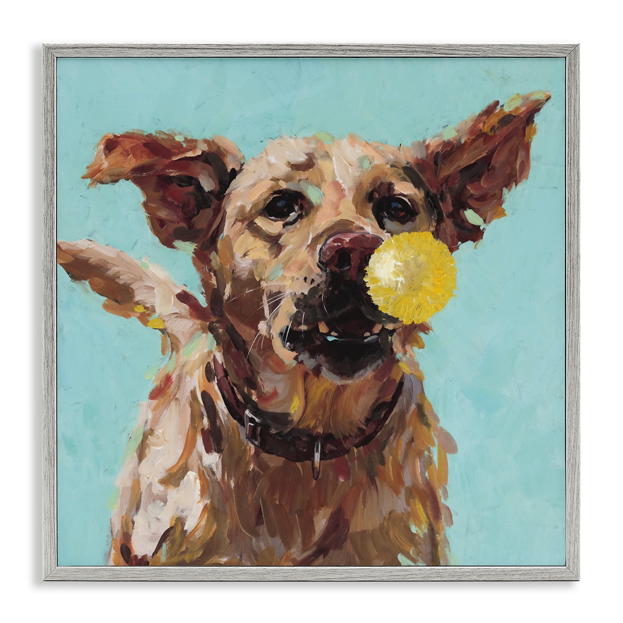 Dog Playing with Ball Gray Framed Giclee Art, design by Studio Bautista