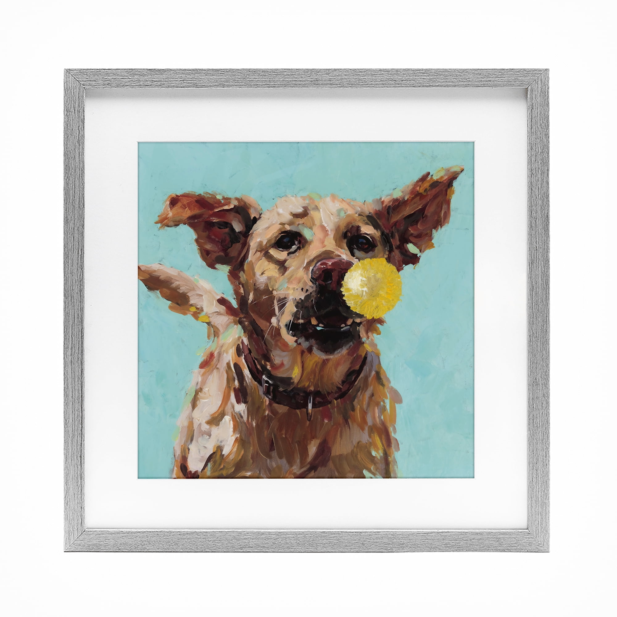 Dog Playing with Ball Gray Framed Print Under Glass, design by Studio Bautista