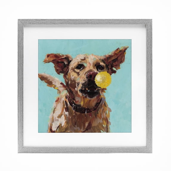 Dog Playing with Ball Gray Framed Print Under Glass, design by Studio Bautista