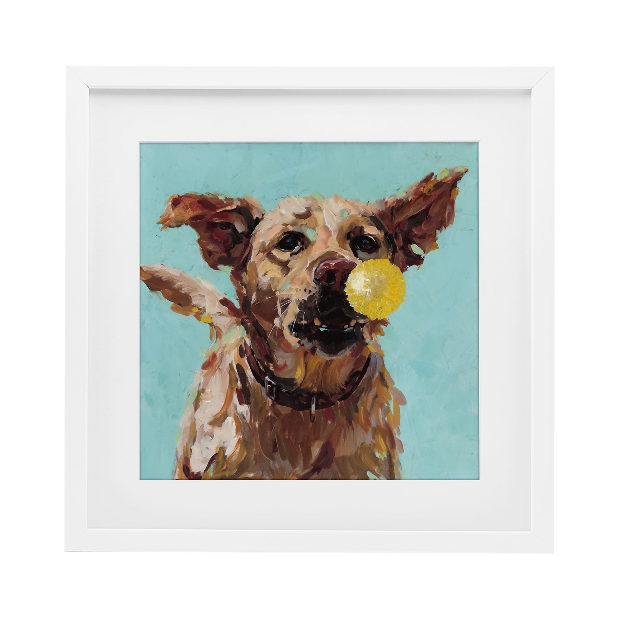 Dog Playing with Ball White Framed Print Under Glass, design by Studio Bautista