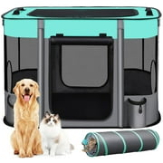 Dog Playpen, 2 in 1 Foldable Portable Pet Cat Playpen with Tunnel, Waterproof Exercise Kennel Tent Crate, Indoor Outdoor Travel Camping Use with Carrying Case