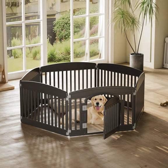 Dog Playpen 6 Panel 24" Plastic Exercise Pen With Door Small Puppy, Medium Dogs Animal Pet For Outdoor, Garden, Yard, RV Camping,Black