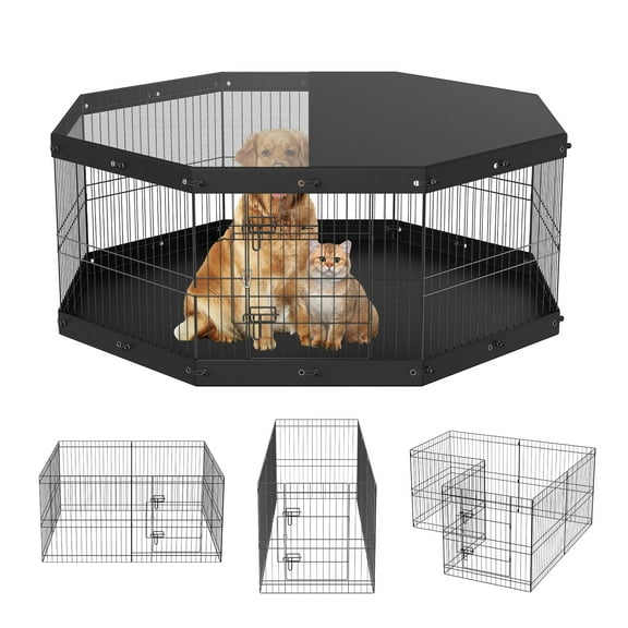 Dog Playpen, 8 Panels Foldable Metal Dog Exercise Pen with Top Cover and Bottom Pad, 24" H Pet Fence Puppy Crate Kennel, Indoor Outdoor Dog Pen for Small Medium Pets, for Camping, Yard