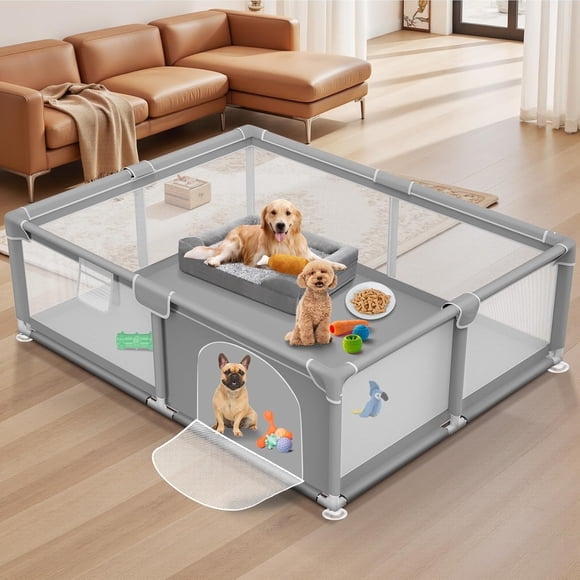 Dog Playpen with Door, 47.24 x 47.24 x 23.62 Inch Pet Exercise Pen for Puppies and Small Dogs, Durable Safety Fence with Reinforced Fabric and Nylon Mesh, Portable Indoor Outdoor Play Yard, Washable