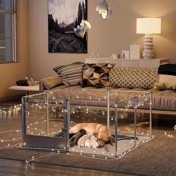 Dog Playpen Fence Indoor Pet Whelping Box with Waterproof Pad Small Animal Acrylic Exercise Kennel Metal Frame for Puppy Rabbits Kitten Guinea