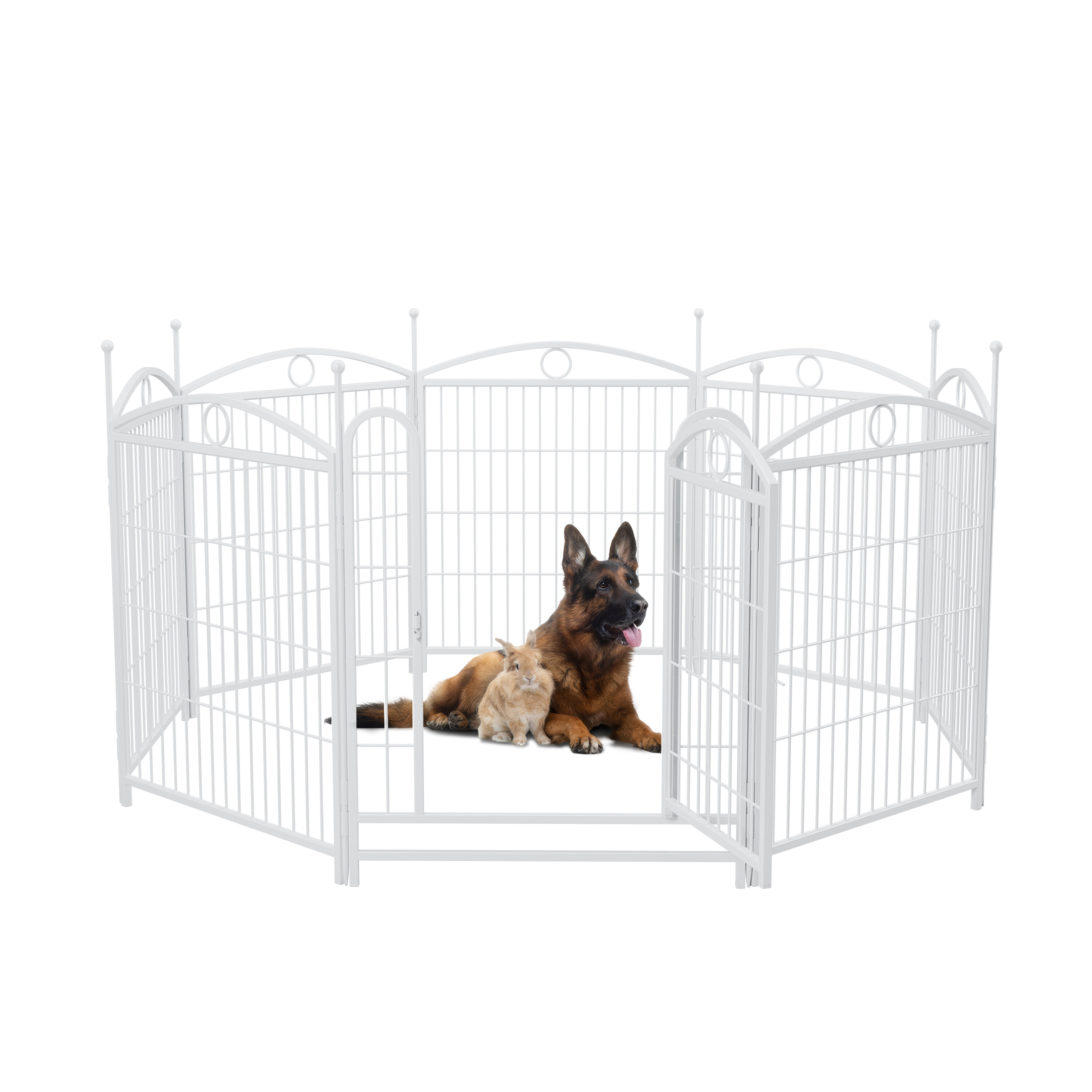 52" White Iron Dog Playpen, 8-Panel Foldable Pet Exercise Pen with Door, 32" Height Fence for Large/Medium/Small Dogs