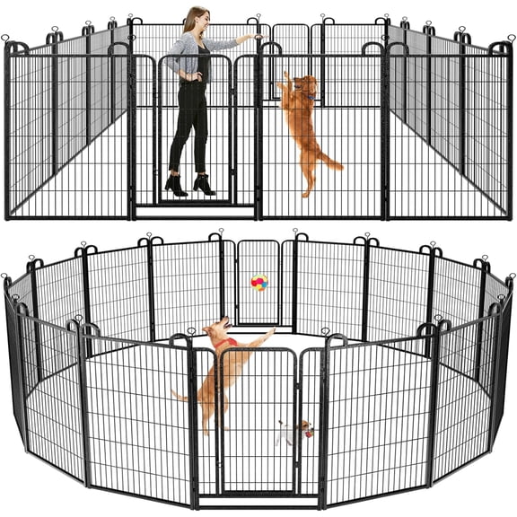 Dog Playpen Outdoor 16 Piece Panels Heavy Duty Dog Fence 47" Height Anti-Rust with Doors Portable for RV Camping Yard, Total 36FT, 103 Sq.ft, Snowy Black