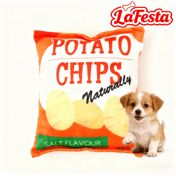 Dog Plush Potato Chips Toy - Squeaky Interactive Chew Toy for Dogs, Suitable for All Dog Sizes, 6.6 inches