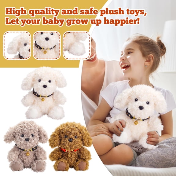 Dog Plush Toys, Stuffed Dog Plush for Gift for Kids, Birthday Stuffed Animal with Jingle Bell Collar, Fluffy Curly Soft Toys, Cute Cuddly Decor for Bedroom and Desk