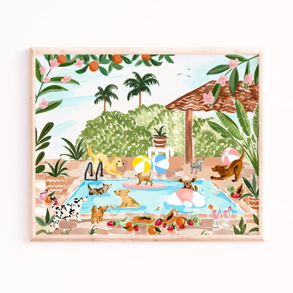 Dog Pool Party Art Print Cheerful Summer Scene, Unframed Paper Print