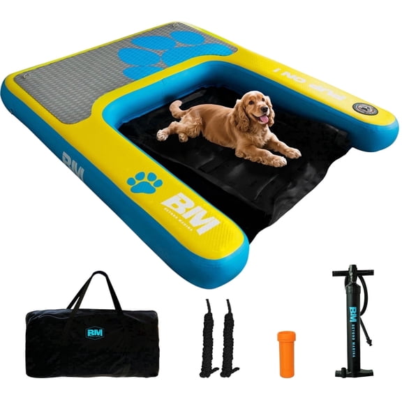 Inflatable Dog Pool Ramp, Floating Dog Boat Ramp for Lake & Dock, 4ft x 3.3ft, Supports 200lbs, Blue/Yellow