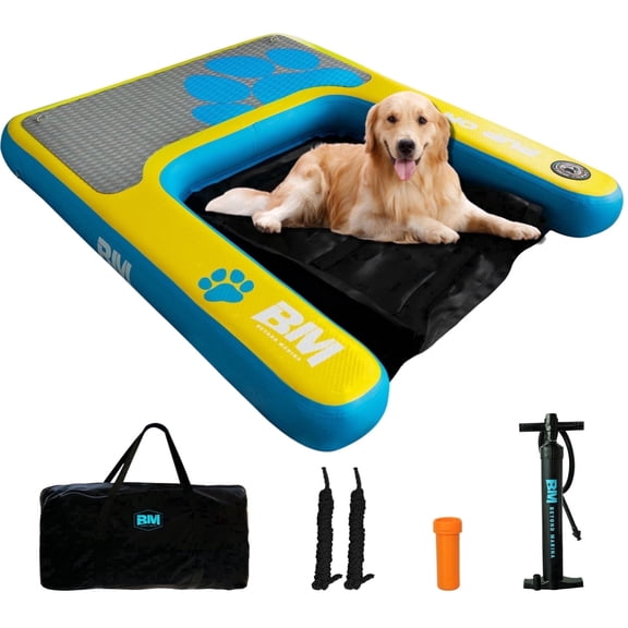 Inflatable Dog Pool Ramp, Floating Dog Boat Ramp for Lake & Dock, 5ft x 4ft, Supports 230lbs, Blue/Yellow