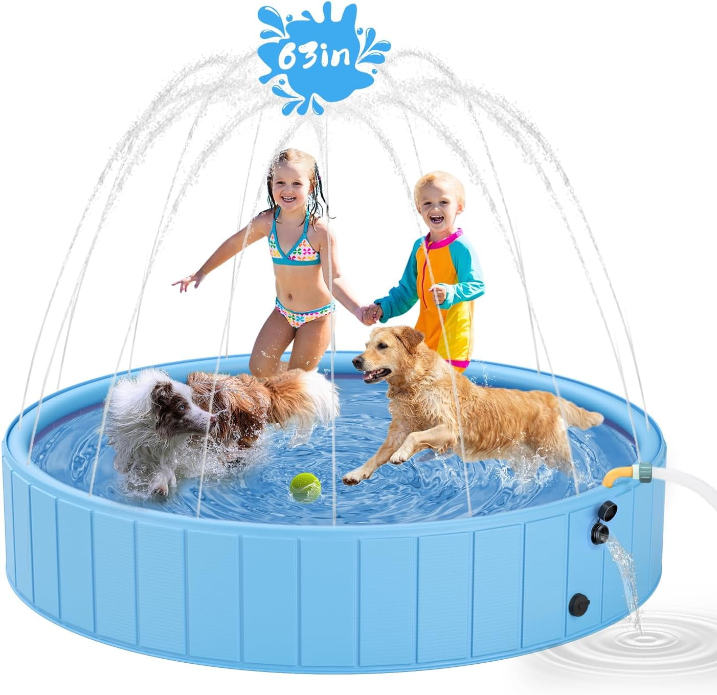 Dog Pools for Large Dogs, 2-in-1 Sprinkler Pool for Kids Non-Slip Dog Swimming Pool for Outdoor Backyard Kids Dogs Ducks and Pet Baths 63" x 12"