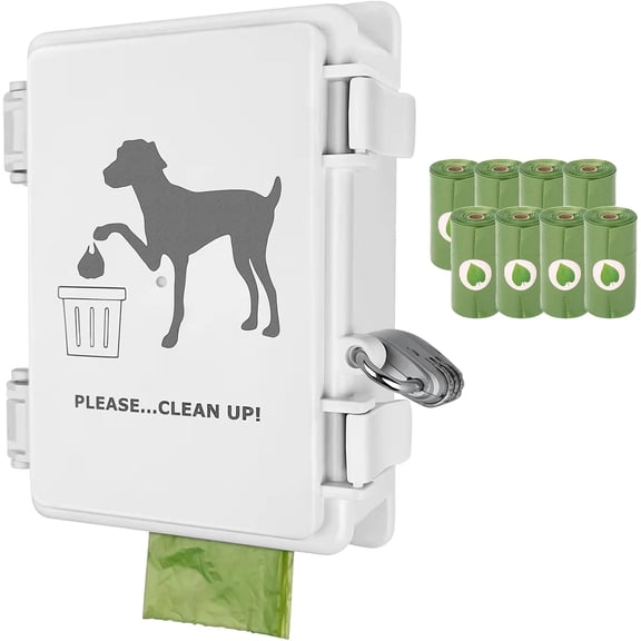 Dog Poop Bag Dispenser Wall Mounted Outdoor Pet Poop Bags Storage Container with Lock, 8 Small Rolls Stake, Pole, Fence Mountable fits Home Commercial Occasion(White dispenser+8 rolls+lock)