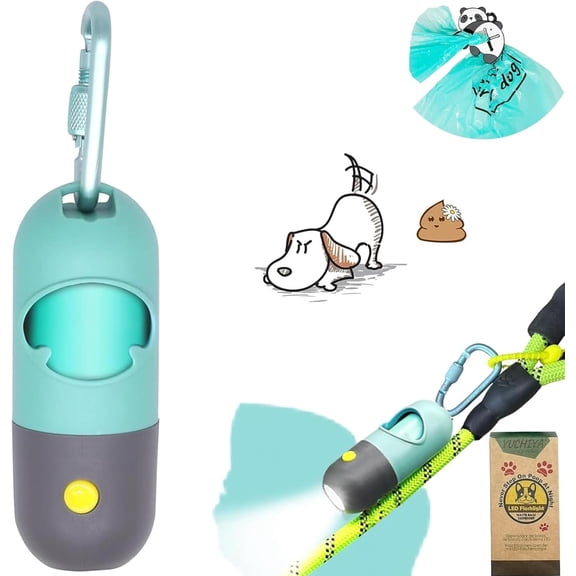 Dog Poop Bag Holder Dispenser with LED Flashlight - Night Visibility for Safe Evening Walks | Upgraded Hands-Free Leash Clip | Includes 15 Dog Waste Bags(Crystal Blue)