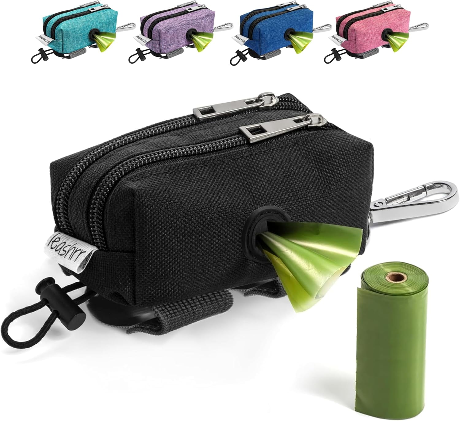 Dog Poop Bag Holder for Leashes - Dog Poop Bag Dispenser and Treat Holder with 2 Waterproof Pouches for Pet Waste Bags and Walking Accessories + 1 Free Roll - (Black)