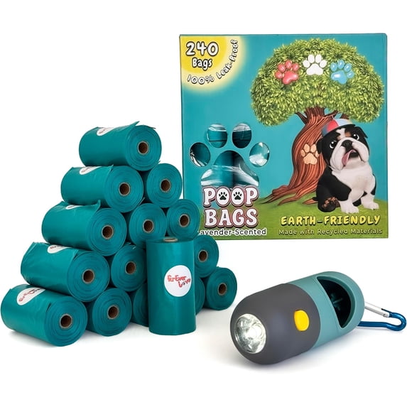 Dog Poop Bags – 240 Bags (16 Rolls) + Free Dispenser with Flashlight, Lavender Scented, Leak-Proof & Earth-Friendly.