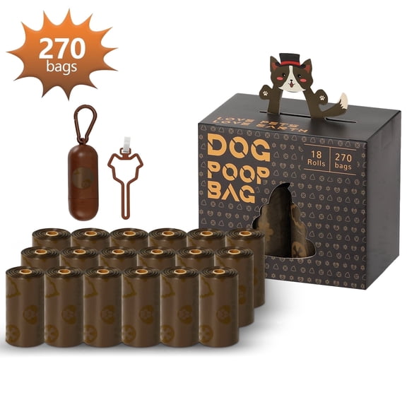 Skdwakiz Dog Poop Bags with Dispenser & Hanging Hoder - 18 Rolls 270 Counts, Extra Thick Leak-Proof Waste Bags with Coffee Scent for Dog and Cat, Brown