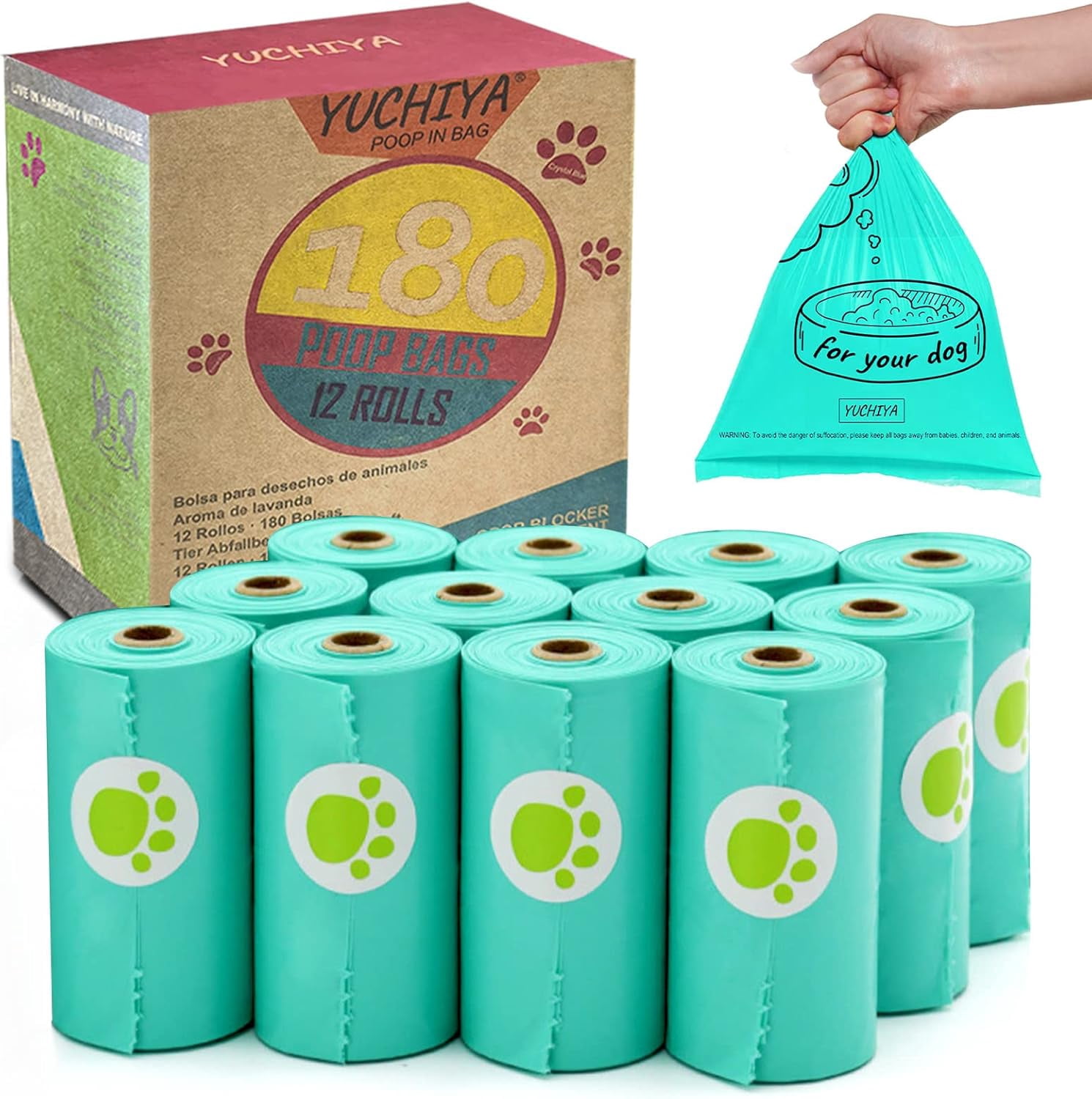 Dog Poop Bags Holder with LED Flashlight|Pet Waste Bags Dispenser for Leash|Doggie Potty Bags Container with Leak-proof Pet Trash Bags and Accessories (180 Bags, Crystal Blue)