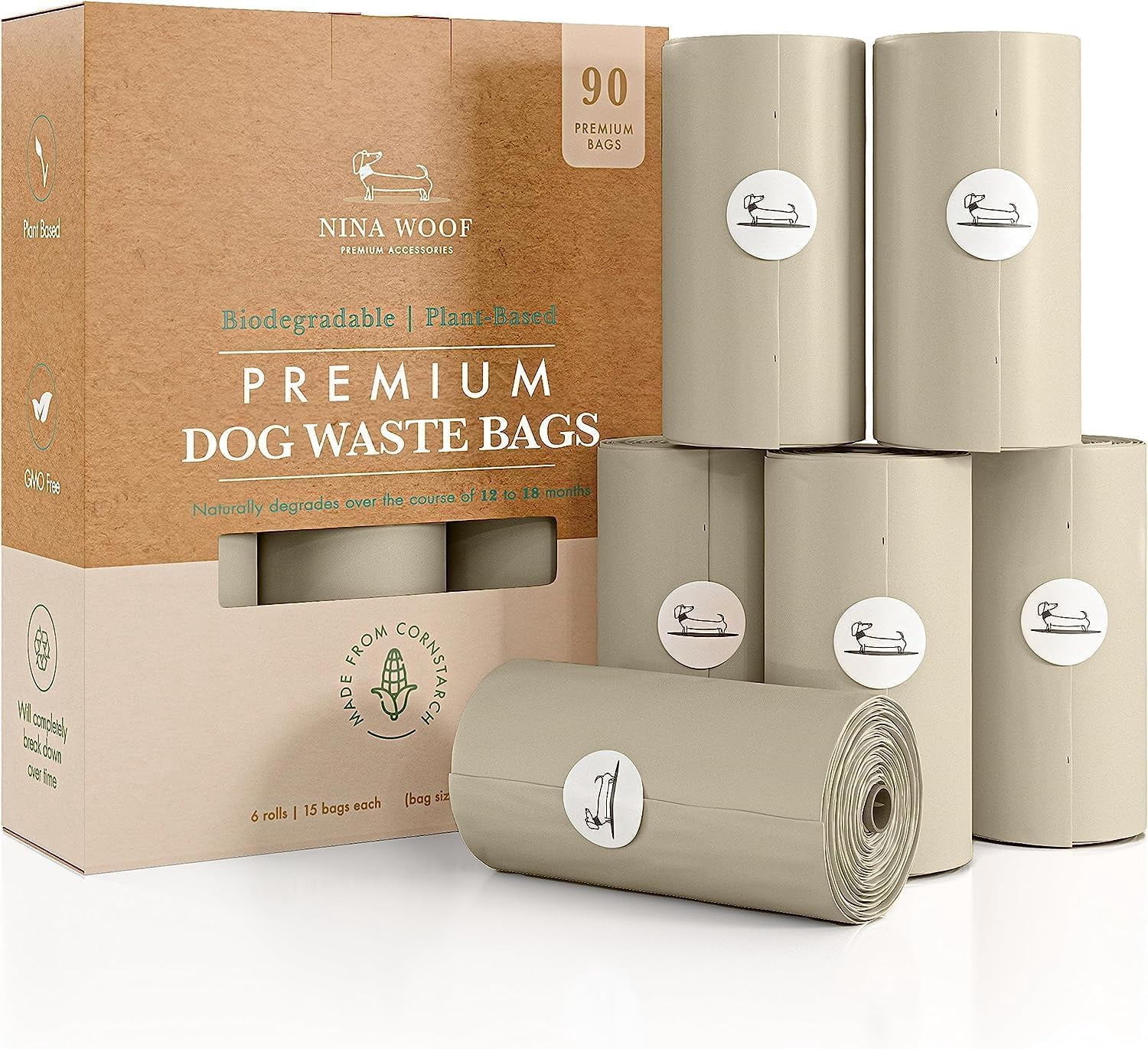 Dog Poop Bags Rolls - 90 Compostable & Biodegradable for Puppy Walks, Travel, Thick Refill Housebreaking dog poo bags Premium Cornstarch Pet Poo Dogs