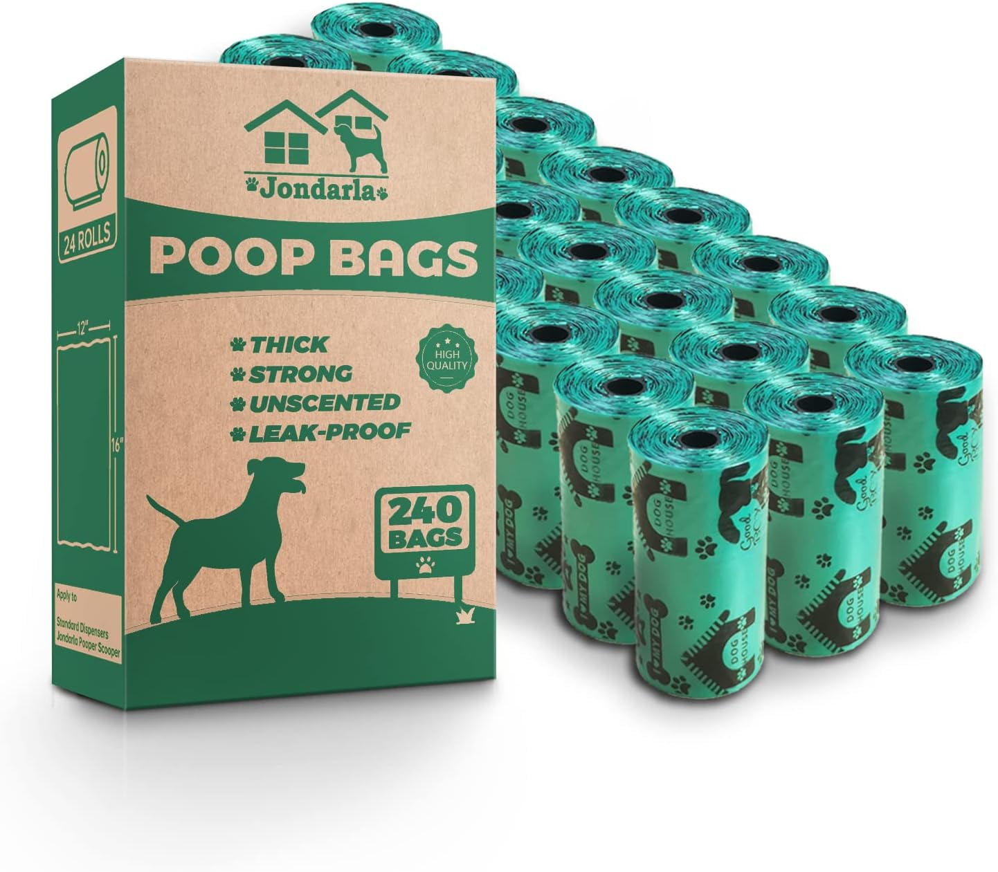 Dog Poop Bags, Thick and Strong Dog Waste Bags, Large Poop Bags Pooper Scooper Refills, Leak-Proof, Unscented, Green, 12"x16", 240 Counts