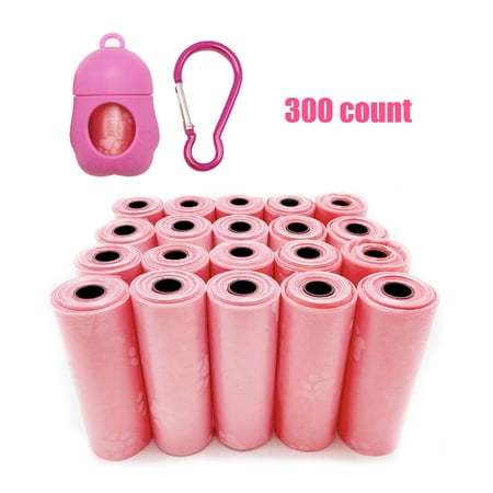Dog Poop Bags with Dispenser and Leash Clip, Paw Shape Pattern Thicken Bags 20 Rolls (300 Counts) and 1 Dispenser, 9 x 11 Inches (Pink)