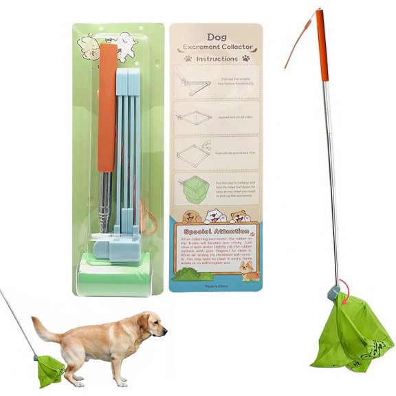 Dog Poop Catcher, Portable and Foldable Dog Poop Cleaning Tool, Pooper Scooper, Stainless Steel Telescopic Rod, Washable Sticky Soft Rubber Frame, Suitable for Dogs of All Body Types