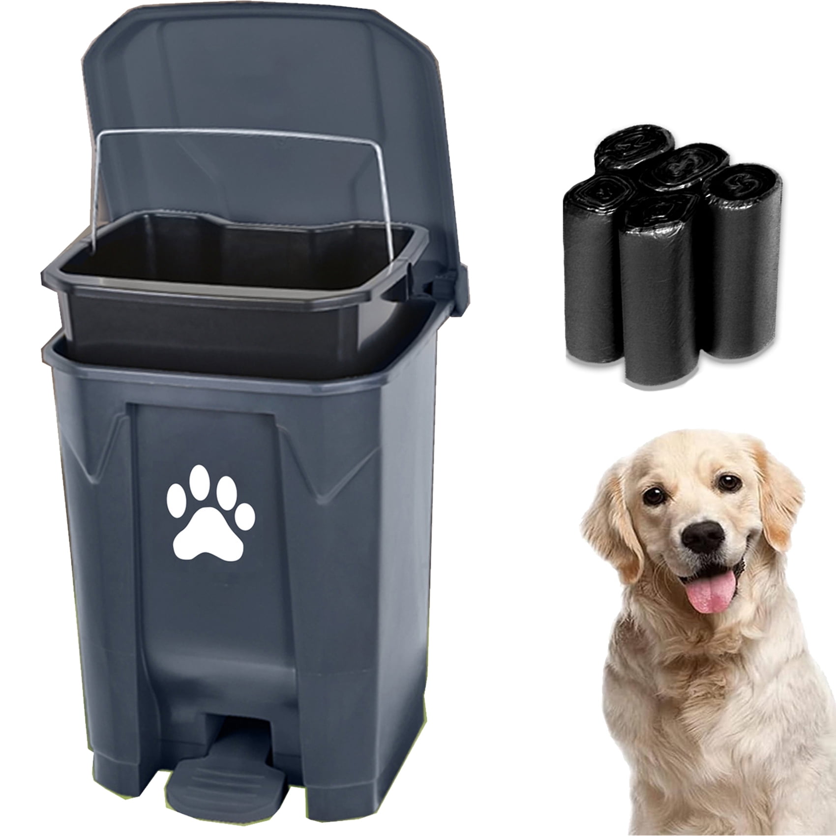 Dog Poop Trash Can Outdoors Pet Waste Station with Lid:15L Plastic Dog Poop Disposal Container with Removable Inner Bin Bucket Foot Pedal Type Garden Yard Home with 5Rolls Waste Bags, Grey