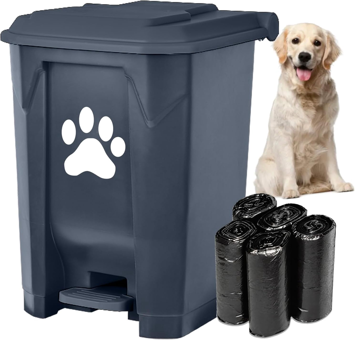 Dog Poop Trash Can Outdoors Pet Waste Station with Lid Dog Waste Disposal Container with Removable Inner Bin Bucket Hands-Free Pedal Garden Yard Home with 5Rolls Waste Bags, Grey