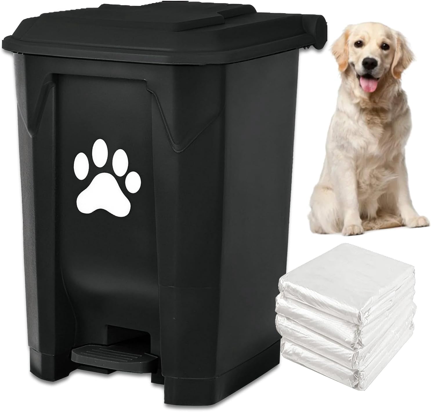 Dog Poop Trash Can Outdoors Pet Waste Station with Lid Dog Waste Disposal Container with Removable Inner Bin Bucket Hands-Free Pedal Garden Yard Home with Waste Bags, Black