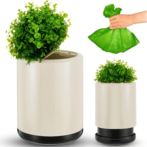 Dog Poop Trash Can Outside 13 L/ 3. 4 Gal Dog Waste Trash Can with Lid, Plant-Styled, Double-Layer Design, Outdoor Garbage Container for Front Porch Backyard Office Patio(White)$$Storage