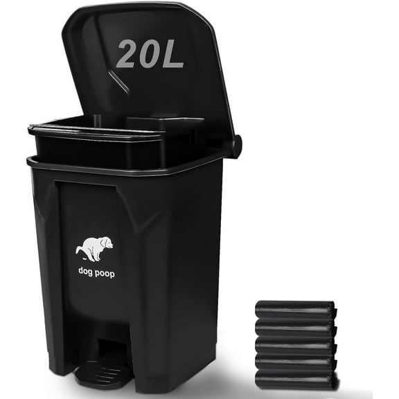 Dog Poop Trash Can Outside, 20L/5Gallon Pedal and Removable Inner Waste Bin, Outdoor Dog Poop Trash Can with 100 Bags, Dog Waste Container for Garden, Black