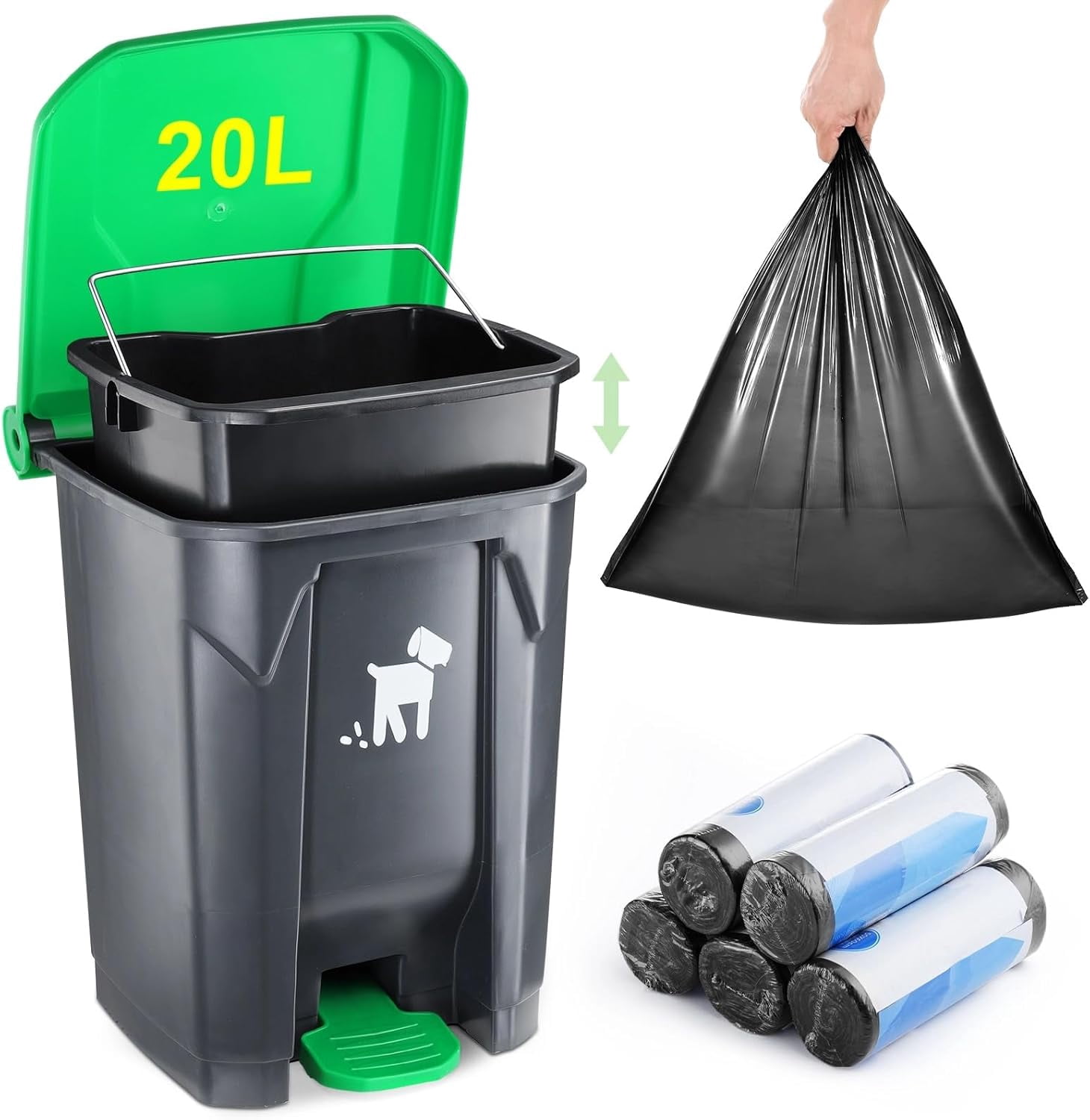 Dog Poop Trash Can Outside, 20L Pet Waste Container with Removable Inner Waste Bin, 150 Waste Bags, Outdoor Pet Poop Trash Bin for Small/Large Dog Families