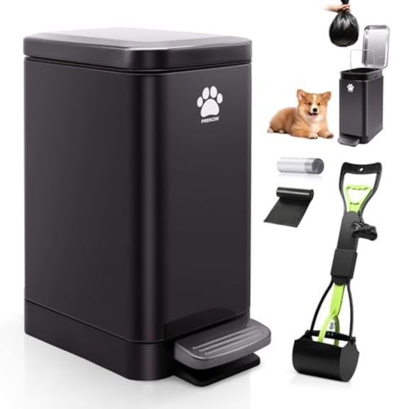 Dog Poop Trash Can Outside with Poop Scooper for Dogs 12L/3.2Gal Metal Outdoor Garbage Can with Lid Suitable for Small Medium and Large Dogs Tungsten Steel