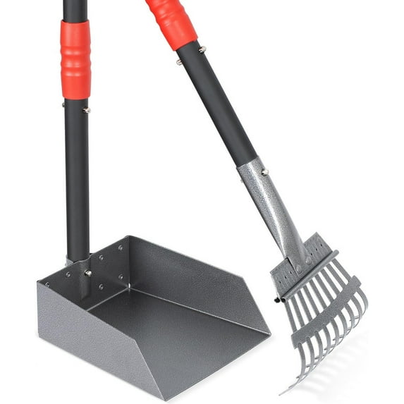 Dog Poop Tray and Rake Set, Dog Pooper Scooper with Long Adjustable Sectional Stainless Handles, 2 Pieces