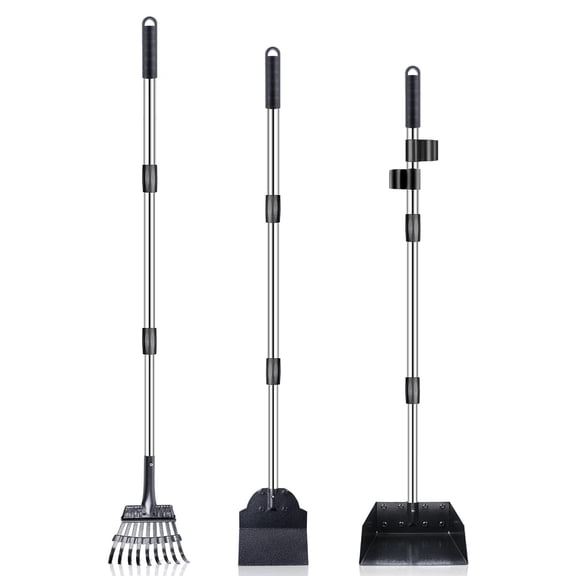 Dog Pooper Scooper Set,3 Pack Adjustable Long Handle Metal Tray,Rake and Spade Poop Scoop for Waste Removal,No Bending Clean Up for Large and Small Dog